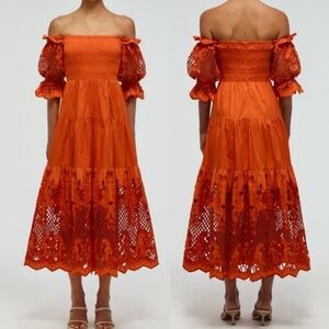 🌸 Self Portrait Lattice Embroidered Midi Dress in Burnt Orange